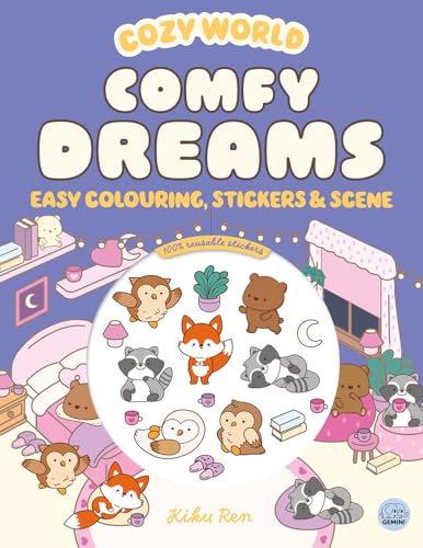 Colouring book cover with cartoon animals and a bedroom scene.
