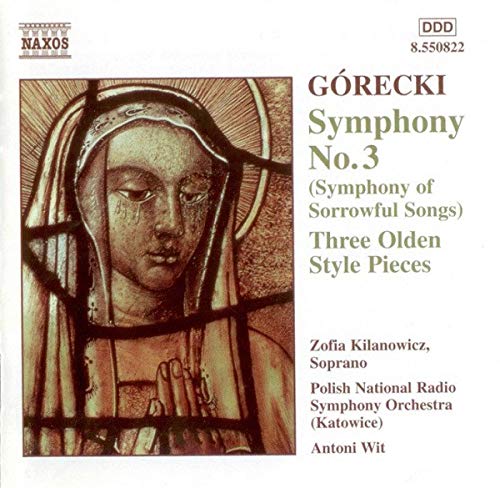 CD cover featuring a sepia-toned illustration of a sorrowful woman and text by Górecki.