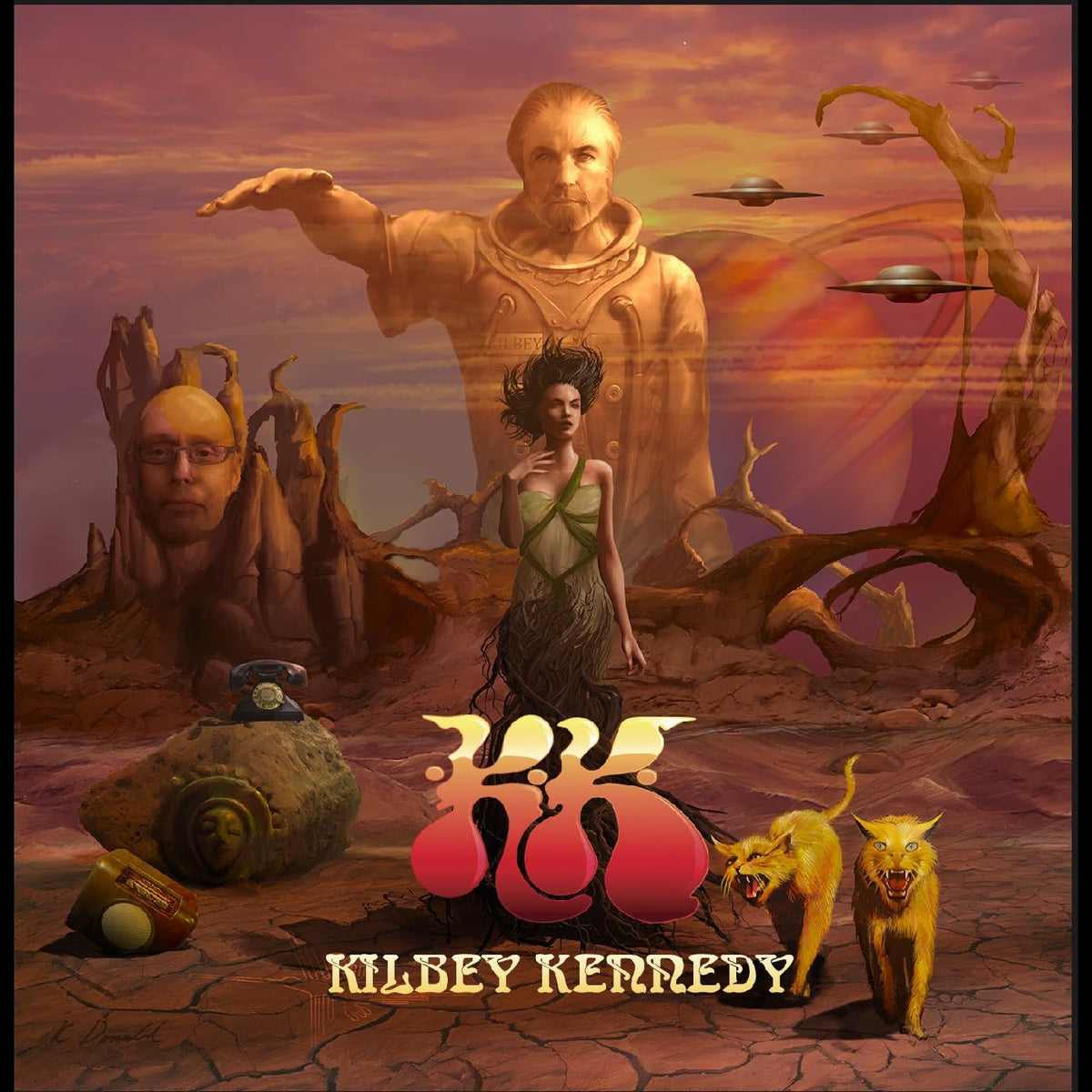 Surreal album cover with figures, cats, UFOs, and a cracked landscape.