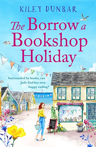 Book cover: colorful coastal bookshop illustration with a woman standing outside.