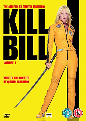 “Kill Bill: Vol. 1” DVD cover featuring Uma Thurman in a yellow jumpsuit.