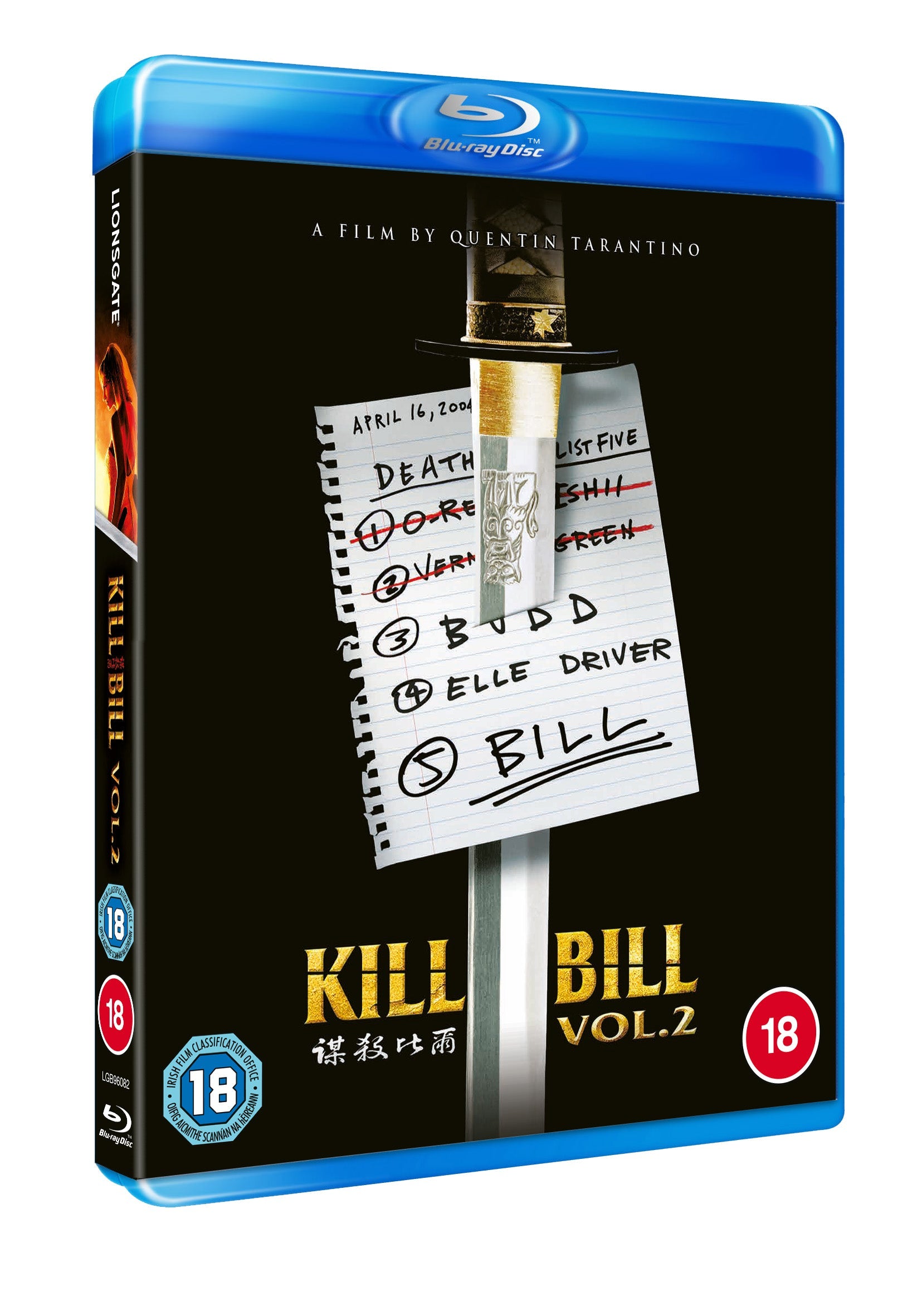 Kill Bill Vol. 2 Blu-ray cover featuring a katana piercing a handwritten death list.