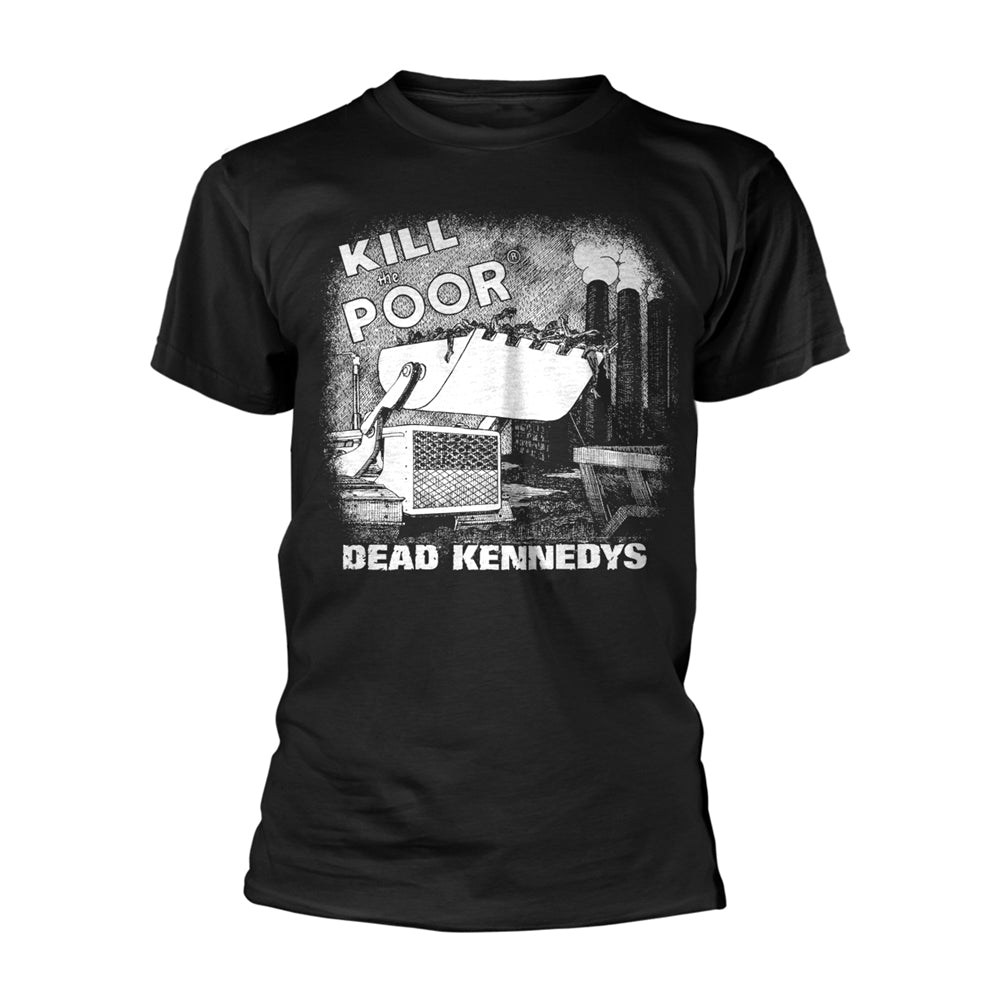 Black t-shirt with graphic of a steamroller and text "KILL THE POOR".