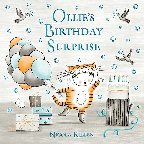 Book cover: tiger cub with balloons, cake, and gifts.