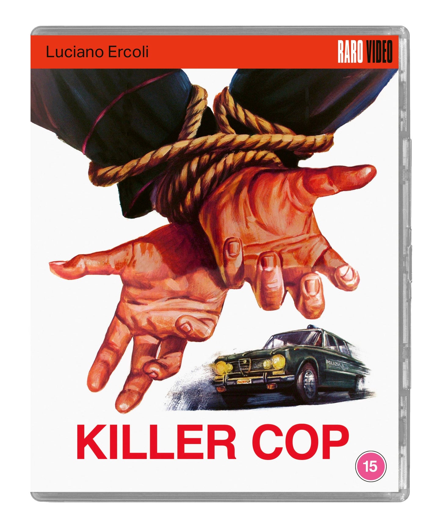 Blu-ray cover for “Killer Cop” showing bound hands and a dark car.