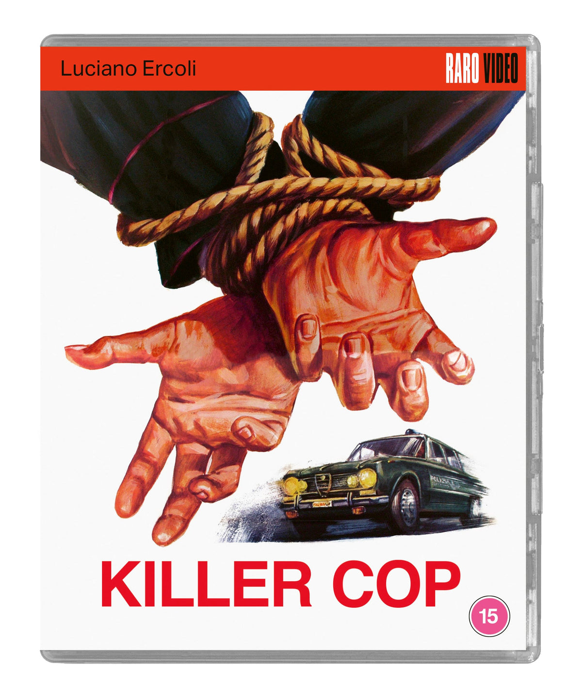 Blu-ray cover for “Killer Cop” showing bound hands and a dark car.