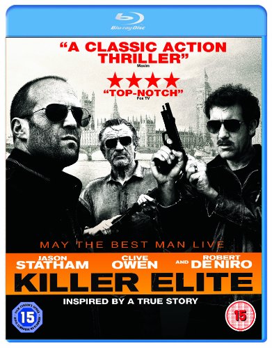 Blu-ray cover for "Killer Elite" featuring Jason Statham, Clive Owen, and Robert De Niro.