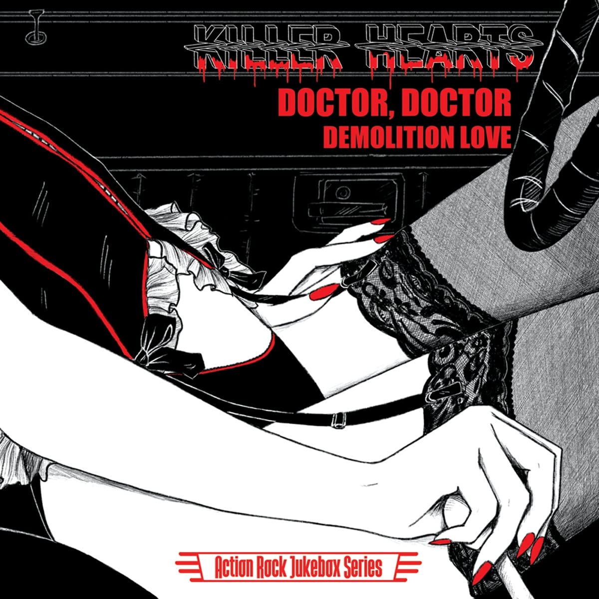 Black and white illustration of a woman in lingerie inside a car.