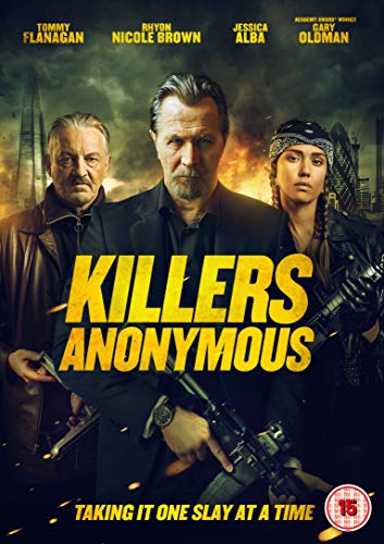 DVD cover for "Killers Anonymous" featuring three actors holding guns with a fiery background.