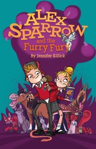Book cover: children with animals, illustrated, titled “Alex Sparrow and the Furry Fury 2”.
