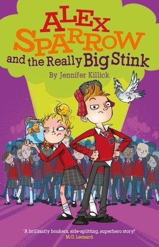 Book cover: two children and a bird against a purple and yellow background.