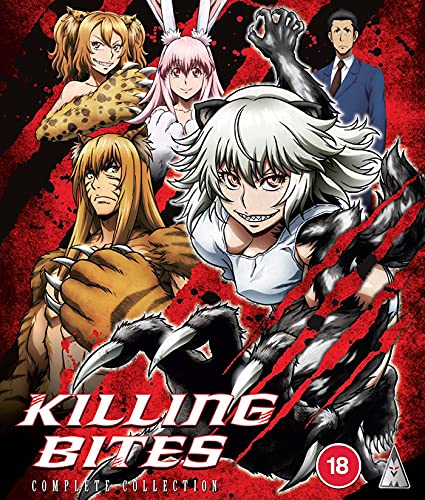 Anime characters with animalistic features on a red “Killing Bites” Blu-ray cover.