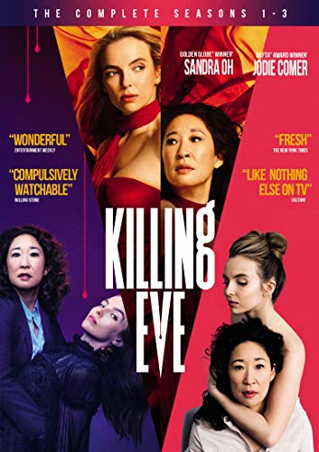 “Killing Eve” DVD cover featuring Sandra Oh and Jodie Comer in split portraits.
