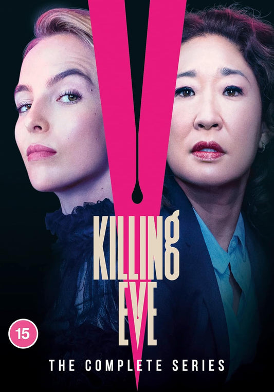 DVD cover featuring Jodie Comer and Sandra Oh separated by a large pink V.
