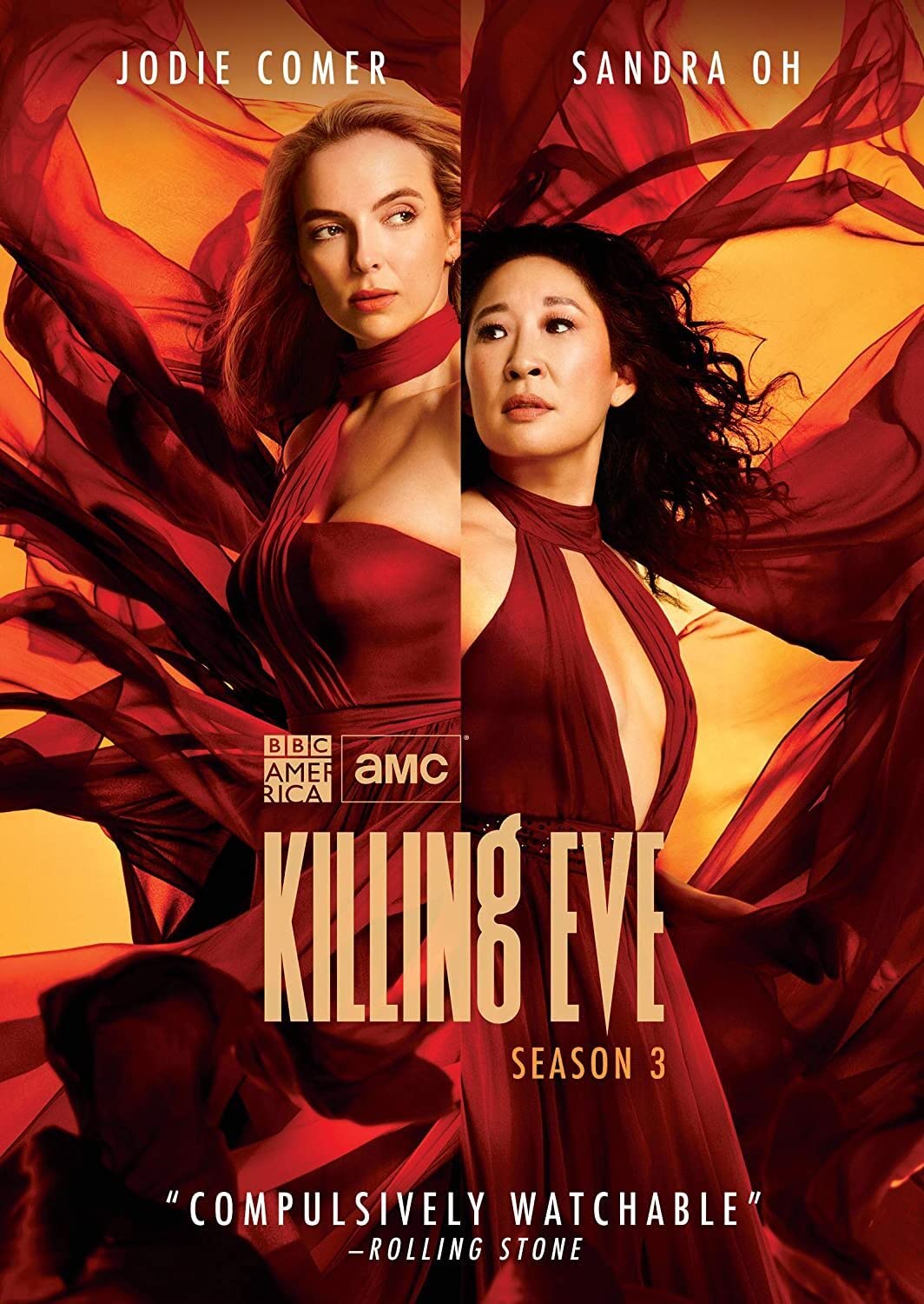 Killing Eve Season 3 DVD cover featuring Jodie Comer and Sandra Oh.