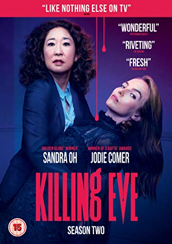 Killing Eve Series 2 DVD cover featuring Sandra Oh and Jodie Comer.