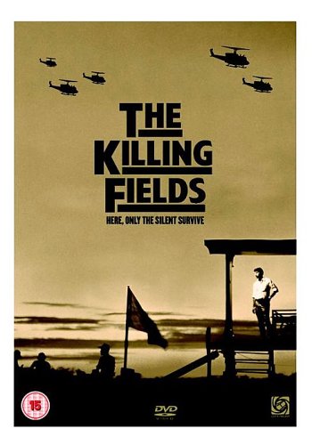 “The Killing Fields” DVD cover with helicopters, silhouettes, and a watchtower.