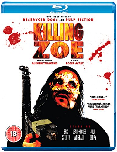 “Killing Zoe” Blu-ray cover with blood splatters, a gun, and a distressed face.