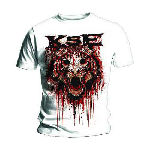 White t-shirt with a distressed tiger graphic and "KSE" logo.