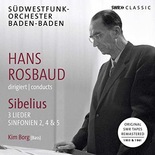 CD cover featuring conductor Hans Rosbaud in a suit, text details Sibelius music.