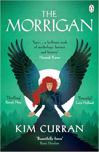 Book cover: woman with raven wings, green background, title "The Morrigan".