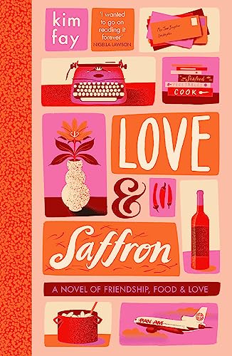 Book cover for “Love & Saffron” with illustrated food and travel motifs.