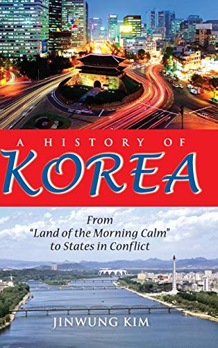 Book cover with two cityscapes and title "A History of Korea" on red background.