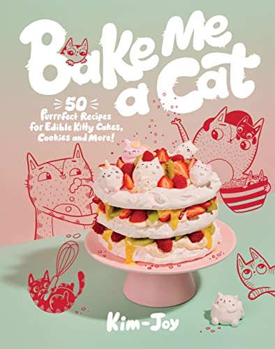 Cookbook cover featuring a cat-shaped cake and illustrated feline characters.