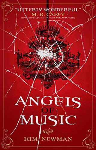 Book cover: red background, chandelier graphic, and title "Angels of Music".