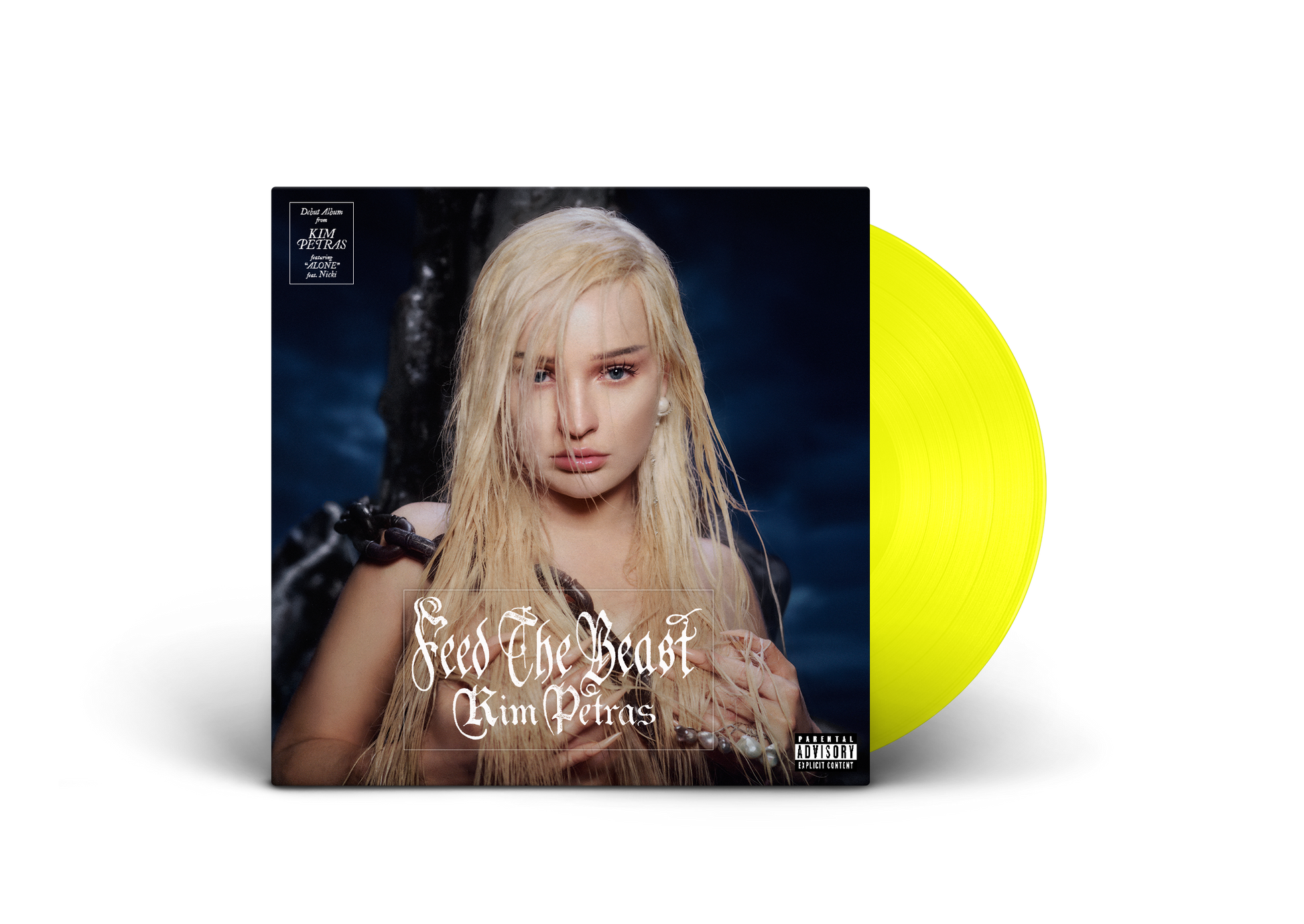 "Kim Petras album cover with yellow vinyl record partially visible behind it."