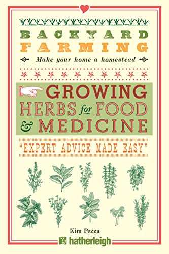 Book cover: “Backyard Farming: Growing Herbs for Food and Medicine” with plant illustrations.