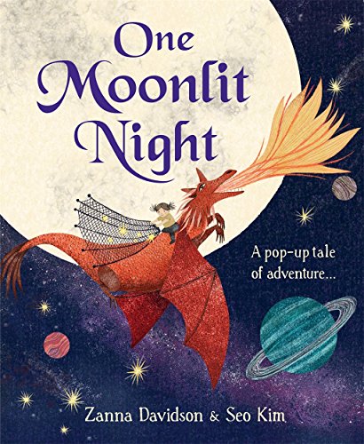 Book cover: red dragon flying with child, moon, planets, pop-up tale.