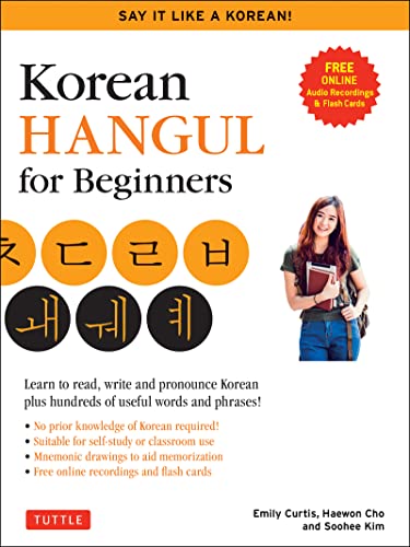 Book cover for Korean Hangul for Beginners with Korean characters and a smiling woman.