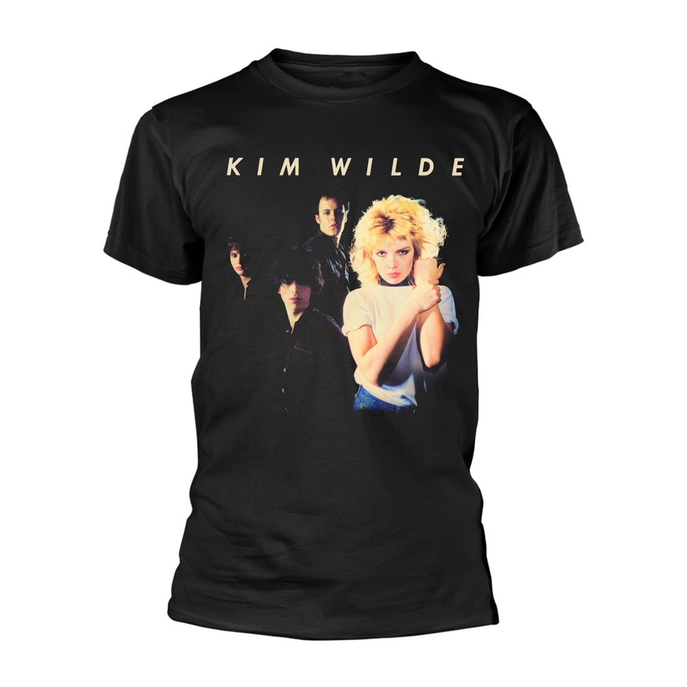 Black t-shirt with a portrait of Kim Wilde and band members.