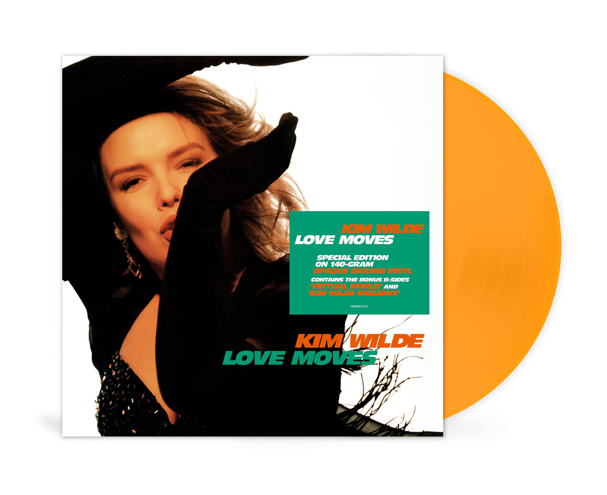 Kim Wilde’s “Love Moves” orange vinyl LP with album cover portrait.