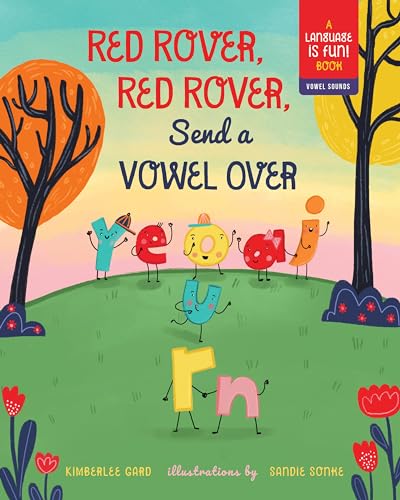 Cartoon vowels and consonants playing on a green hill, book cover.