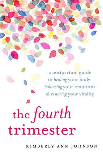 Book cover titled The Fourth Trimester with colorful watercolor petal illustrations on white background.