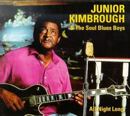Junior Kimbrough playing an electric guitar in a pink shirt with a microphone stand.