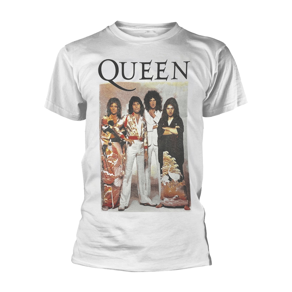White t-shirt with a graphic of the band Queen on the front.