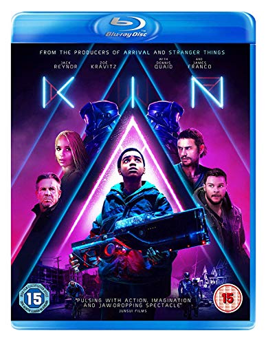 Blu-ray cover for sci-fi film "Kin" featuring cast and neon lighting.