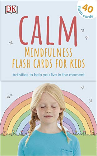“Calm” mindfulness flash cards for kids with a girl and rainbow illustration.