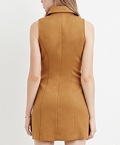Back view of a person wearing a sleeveless brown collared mini dress.