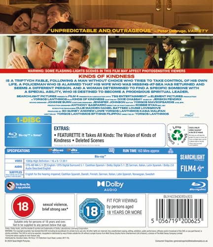 Back cover of the Kinds of Kindness Blu-ray featuring film stills and technical specifications.
