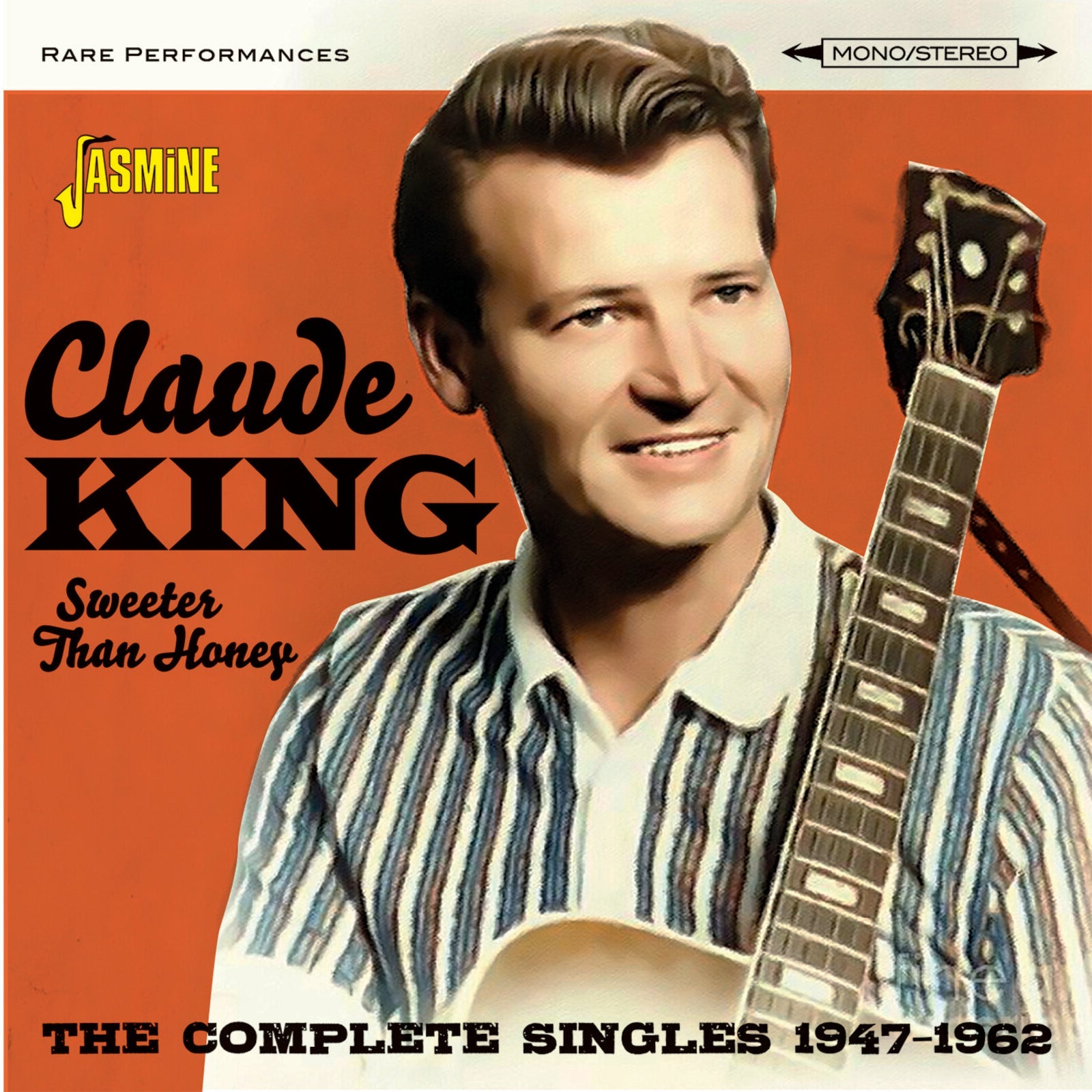 Album cover featuring Claude King smiling while holding a guitar against an orange background.