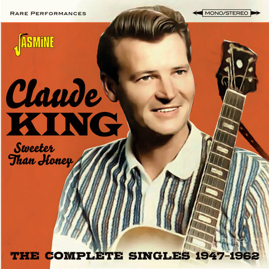 Album cover featuring Claude King smiling while holding a guitar against an orange background.