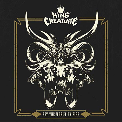 Black album cover with white illustration of a horned creature and gold border.