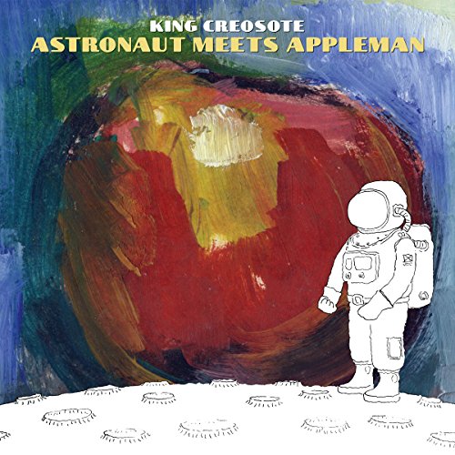 Painted album cover featuring an astronaut standing before a large red apple.