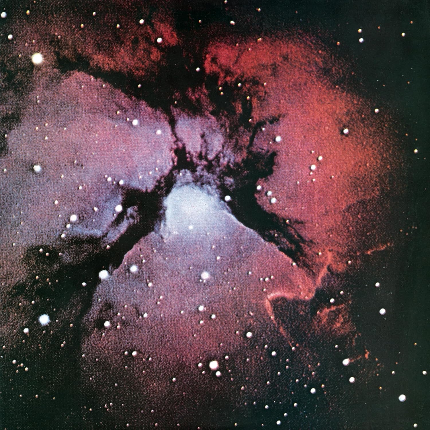 Red and purple nebula with bright white stars, album cover art.