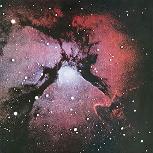Abstract nebula image with pink, red, and black tones, speckled with stars.