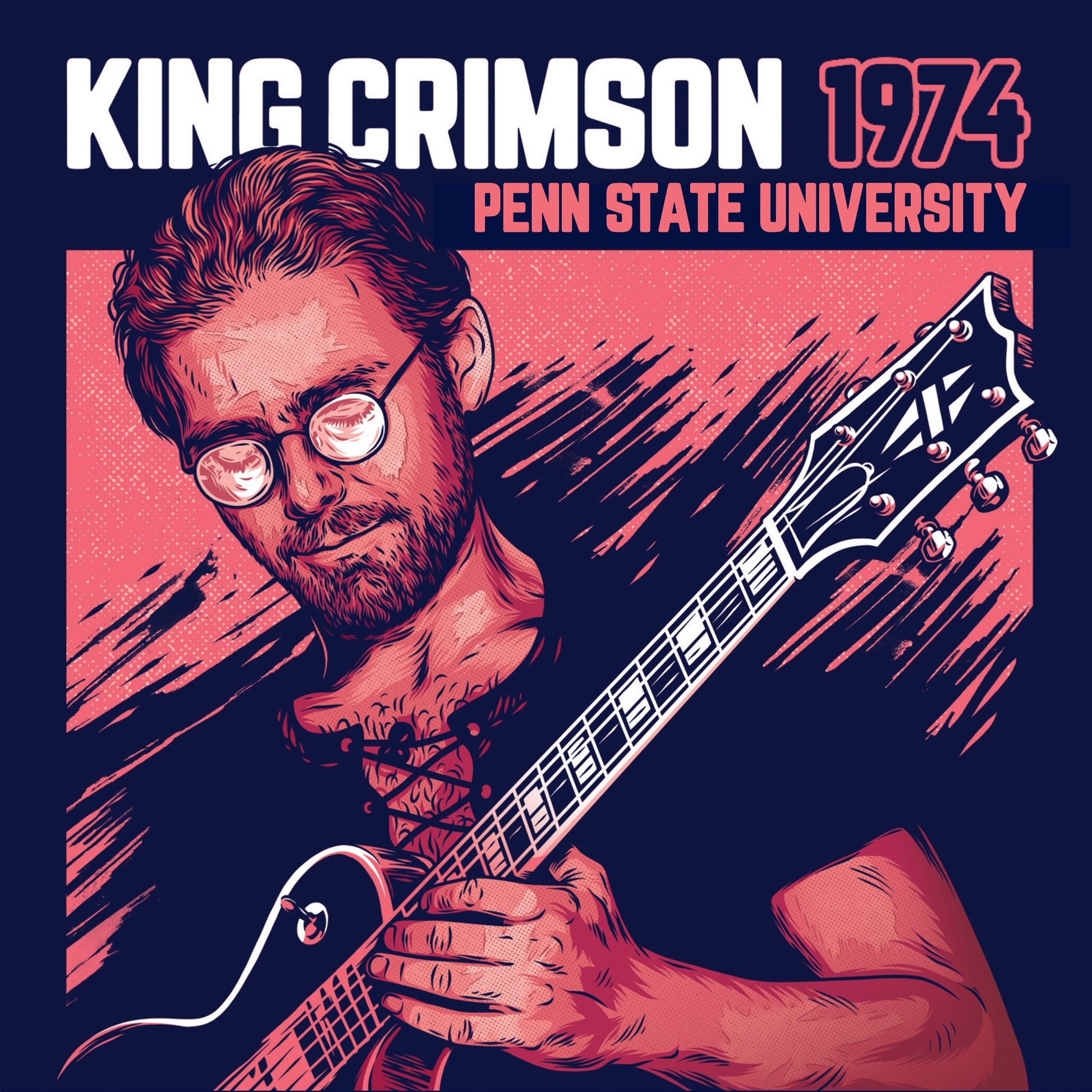 Stylized illustration of a man with glasses playing an electric guitar, King Crimson album cover.
